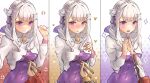  1girl 3boys :o absurdres anger_vein arm_behind_back blush bodysuit braid breasts bright_pupils capelet chopsticks closed_mouth crown_braid elf emilia_(re:zero) english_commentary fingernails flower flustered gloves gradient_background grey_hair hair_flower hair_ornament hair_ribbon hand_on_own_chest hands_up heart highres holding holding_chopsticks hood hooded_capelet julius_juukulius justjast long_fingernails long_sidelocks long_sleeves medium_breasts multiple_boys natsuki_subaru open_mouth pointy_ears pov pov_hands purple_bodysuit purple_eyes purple_ribbon re:zero_kara_hajimeru_isekai_seikatsu reid_astrea ribbon sidelocks skin_tight steepled_fingers trembling twitter_username upper_body wavy_mouth white_capelet white_flower white_gloves white_pupils x_hair_ornament 