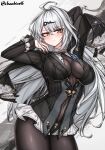  1girl absurdres ahoge arm_behind_head arms_up artist_name black_jacket black_pantyhose black_unitard blue_flower blue_rose blush bodystocking boutonniere breasts ch_(charchive15) cleavage closed_mouth commentary covered_navel fingernails flower hair_ornament highres jacket large_breasts long_hair long_sleeves microskirt official_alternate_costume pantyhose rose see-through_cleavage see-through_clothes simple_background single_hair_intake skirt solo thighs white_background white_hair white_skirt yellow_eyes yixuan_(trails_of_ink)_(zenless_zone_zero) yixuan_(zenless_zone_zero) zenless_zone_zero 