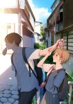  1boy 1girl absurdres backpack bag black_pants brown_hair commentary_request day drink_carton grey_skirt hand_in_pocket highres juice_box macaronk necktie original outdoors pants red_necktie school_uniform shirt short_sleeves skirt standing tearing_up white_shirt 