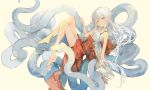  1girl absurdres bare_legs barefoot bra_strap chinese_zodiac commentary from_side highres ichika_(ichika87) japanese_clothes kimono long_hair looking_at_viewer lying_on_animal new_year original red_eyes red_kimono simple_background snake solo untranslatable_commentary white_hair white_kimono white_snake year_of_the_snake 
