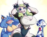  >_< 3girls alternate_color black_gloves black_leotard black_thighhighs blue_eyes blue_hair blue_skin breasts cleavage colored_skin covered_nipples dawn_(dorianm_bc) dorianm_bc fingerless_gloves frown furry furry_female gardevoir gloves green_hair hands_up horns_pose huge_breasts index_fingers_raised large_breasts leotard long_hair mole mole_under_eye multicolored_leotard multicolored_skin multiple_girls nidoqueen open_mouth original parted_lips poke_ball pokemon pokemon_(creature) premier_ball scar scar_across_eye scar_on_face shiny_pokemon smile thighhighs two-tone_skin upper_body white_leotard white_skin 