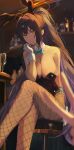  1girl absurdres animal_ear_hairband animal_ears bar_(place) black_leotard blue_archive blue_bow blue_bowtie bow bowtie breasts cleavage commentary_request crossed_legs cup dark-skinned_female dark_skin drinking_glass fake_animal_ears fishnet_pantyhose fishnets gloves hairband halo highleg highleg_leotard highres indoors jianjia karin_(blue_archive) karin_(bunny)_(blue_archive) large_breasts leotard long_hair official_alternate_costume pantyhose playboy_bunny ponytail purple_halo rabbit_ear_hairband rabbit_ears strapless strapless_leotard traditional_bowtie white_gloves wine_glass yellow_eyes 