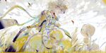  1girl androgynous blue_eyes bug chinese_commentary cloud cloudy_sky commentary_request dragonfly from_below from_side grass looking_at_viewer mushroom muyihui original outdoors parted_lips short_hair sky solo white_hair 