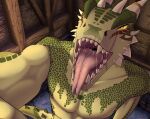 5_fingers 5_toes anthro argonian bald bare_chest bethesda_game_studios coldblooded_taipan colored detailed_background detailed_mouth digital_drawing_(artwork) digital_media_(artwork) facial_scar feet fingers first_person_view green_body green_scales hi_res horn horn_jewelry horn_ring inside jewelry kefirchik7 lizard looking_at_viewer male microsoft multi_horn muscular open_mouth pupils reptile ring_(jewelry) scales scalie scar skyrim slit_pupils solo tail the_elder_scrolls toes wall_(structure) wood wood_wall
