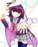  1girl angel_beats! beret bilingual_commentary black_jacket black_thighhighs blunt_bangs blush bow bowtie cape clenched_hand closed_mouth commentary company_connection cosplay english_commentary green_bow green_eyes grey_skirt hair_bow hands_up hat jacket key_(company) leaning_forward lelie_(lelie_link) little_busters! little_busters!_school_uniform long_sleeves looking_at_viewer medium_hair miniskirt mixed-language_commentary nakamura_yuri noumi_kudryavka noumi_kudryavka_(cosplay) outstretched_hand pink_bow pink_bowtie plaid_clothes plaid_skirt pleated_skirt purple_hair reaching reaching_towards_viewer school_uniform simple_background skirt smile solo split_mouth thighhighs white_background white_cape white_hat zettai_ryouiki 