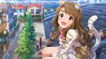  3girls :d animal animal_ears animal_hands bird blush bow bowtie brown_hair card_commentary cat_ears cat_girl cat_paws cat_tail commentary_request game_asset gloves idolmaster idolmaster_million_live! idolmaster_million_live!_theater_days long_hair long_sleeves miyao_miya momose_rio multiple_girls official_alternate_costume official_art on_roof open_mouth paw_gloves pink_bow pink_bowtie purple_eyes sakuramori_kaori sitting smile solo_focus sunlight tail thick_eyebrows third-party_source tile_roof town 