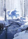  alolan_ninetales alolan_vulpix blue_eyes blue_fur blue_sclera cchan_tuka colored_sclera commentary extra_tails fox full_body highres ice no_humans pokemon pokemon_(creature) pokemon_focus pokemon_sun_and_moon river snow tree untranslatable_commentary white_fur 