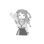  >_< 1girl arm_behind_head blazer blush chi4shi11 commentary_request cropped_legs dress_shirt gakuen_idolmaster greyscale hair_rings hanami_saki hatsuboshi_gakuen_school_uniform highres idolmaster jacket long_hair long_sleeves monochrome neck_ribbon overskirt ribbon school_uniform shirt simple_background skirt smile solo two_side_up white_background 