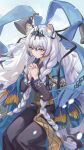  1girl absurdres animal_ear_fluff animal_ears arknights bell black_dress blue_cape blue_eyes blue_shawl braid bright_pupils cape chinese_commentary closed_mouth commentary_request dress english_commentary eyes_visible_through_hair fingernails fringe_trim hagoromo hair_between_eyes highres interlocked_fingers joker_(jjjokerrr233) long_hair long_sleeves mixed-language_commentary outdoors own_hands_clasped own_hands_together pramanix_(arknights) pramanix_the_prerita_(arknights) praying shawl sitting snowing solo twin_braids white_hair white_pupils 