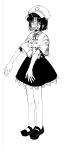  1girl full_body greyscale hat hat_ornament highres looking_at_viewer mary_janes miyako_yoshika monochrome ofuda ofuda_on_head open_mouth outstretched_arms shirt shoes short_hair short_sleeves skirt solo star_(symbol) star_hat_ornament touhou white_background xian_qishui zombie_pose 