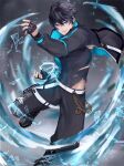  1boy abs belt black_boots black_hair black_jacket black_pants black_shirt blue_eyes blue_hoodie boots chain clothes_lift commission cryokinesis energy fingerless_gloves gloves gold_chain grey_background grin haruto81818 highres hood hoodie ice indie_virtual_youtuber jacket jae_(vtuber) jewelry large_pectorals magic male_focus manly muscular muscular_male navel necklace pants pectoral_cleavage pectorals shards shirt short_hair sleeveless sleeveless_shirt smile solo torn_clothes virtual_youtuber wind 