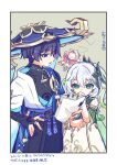  1boy 1girl aranara_(genshin_impact) arm_at_side armlet armor belt black_belt black_bodysuit black_bow black_bridal_gauntlets black_hair black_shorts blue_cape blue_gem blue_hat blue_jingasa blue_kimono blue_sleeves blunt_ends bodysuit border bow bracelet braid bridal_gauntlets cape clenched_hands colored_inner_hair commentary_request covered_collarbone covering_own_mouth cross-shaped_pupils detached_sleeves dress eyelashes eyeliner feathers fingernails gem genshin_impact gold gold_armlet gold_bracelet gold_ring gold_trim green_cape green_eyes green_hair green_sleeves grey_background hair_between_eyes hair_ornament hakama hakama_shorts half_crown_braid hand_on_own_hip hand_over_own_mouth hand_up hat heart heart_hair_ornament height_difference highres ishikoro1645 japanese_armor japanese_clothes jewelry jingasa juban kimono kote kurokote layered_sleeves leaf leaf_hair_ornament long_hair looking_at_another lower_teeth_only makeup mandarin_collar middle_ring multicolored_hair nahida_(genshin_impact) object_request open_clothes open_kimono open_mouth pleated_shorts pointy_ears pom_pom_(clothes) purple_eyes purple_hair purple_rope purple_sash red_eyeliner rope sash scaramouche_(genshin_impact) short_sleeves shorts shoulder_peek side_cape side_ponytail sidelocks sideways_mouth streaked_hair symbol-shaped_pupils tassel teeth translation_request tsurime twitter_username vision_(genshin_impact) wanderer_(genshin_impact) white_border white_dress white_hair white_kimono white_sleeves white_trim yellow_feathers 