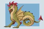 ambiguous_feral ambiguous_gender biped black_claws blue_background claws dragon ear_frill fangs feral frill_(anatomy) green_body green_scales head_crest head_frill hi_res imperatorcaesar membrane_(anatomy) membranous_wings mouth_closed mythological_creature mythological_scalie mythology no_sclera scales scalie side_view simple_background solo spade_tail tail tan_body tan_scales teeth wings yellow_eyes yellow_wings