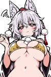  1girl animal_ears bikini blush breasts chirisazame1 closed_mouth commentary detached_sleeves embarrassed gold_bikini hand_on_own_chest hand_up hat highres inubashiri_momiji large_breasts looking_at_viewer medium_hair midriff navel pom_pom_(clothes) red_eyes solo sweatdrop swimsuit tokin_hat touhou white_background white_hair wolf_ears wolf_girl 