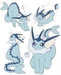  ? blue_eyes bright_pupils commentary_request fins forked_tail head_fins highres looking_back no_humans no_sclera open_mouth pokemon pokemon_(creature) pokemon_focus roku0z simple_background sitting spikes stretching swimming tail twitter_username vaporeon white_background white_pupils 