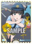  1girl anime_coloring aqua_shirt black_hair black_necktie black_shoes black_skirt blunt_bangs blush breasts car caution_tape character_name city copyright_name crosswalk flower foot_out_of_frame from_above green_eyes hands_up hat high_heels japan_national_police keep_out kurosawa_dia long_hair looking_at_viewer miniskirt mole mole_under_mouth motor_vehicle necktie no_socks open_mouth outdoors pencil_skirt plum_blossoms police police_hat police_uniform policewoman road sample_watermark shirt shoes short_hair short_sleeves sidewalk skirt solo standing street trading_card traffic_cone tsurime v-shaped_eyebrows watermark x_arms 