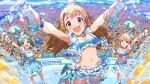  3girls :d aqua_nails arms_up blue_shorts blue_vest bottle bracelet breasts brown_hair card_commentary commentary_request concert fingernails frilled_thigh_strap frilled_vest frills game_asset holding holding_bottle idol idolmaster idolmaster_million_live! idolmaster_million_live!_theater_days jewelry jumping long_hair miyao_miya multiple_bracelets multiple_girls nail_polish navel official_alternate_costume official_art open_mouth purple_eyes shorts smile standing tenkubashi_tomoka thick_eyebrows thigh_strap third-party_source tokugawa_matsuri vest water 