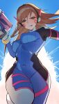  1girl absurdres bodysuit breasts brown_eyes brown_hair commentary_request covered_navel d.va_(overwatch) facial_mark gun handgun headset highres holding holding_gun holding_weapon katagiri_nanoka long_hair looking_at_viewer mecha_pilot_suit multicolored_bodysuit overwatch skin_tight solo tongue tongue_out weapon 