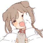  1girl 1other animal_ears brown_hair collar dog_ears dog_girl hands_on_another's_face hands_on_another's_head happy highres looking_at_viewer memmem594714 original pov pov_hands shirt 