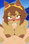anthro anthro_penetrated big_breasts blush bodily_fluids breast_play breasts brown_hair cum cum_in_mouth cum_inside domestic_cat duo eyewear eyewear_on_head felid feline felis fellatio female female_on_human female_penetrated first_person_view gameoverse genital_fluids genyacero glitch_productions goggles goggles_on_head hair hi_res human human_on_anthro human_penetrating human_penetrating_anthro human_pov interspecies kit_(gameoverse) male male/female male_penetrating male_penetrating_female male_pov mammal oral penetration penile sex titfuck whiskers