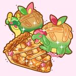  ^_^ absurdres alternate_color apple_pie appletun artist_name blush_stickers closed_eyes commentary english_commentary food highres open_mouth pie pie_slice pokemon pokemon_(creature) pokemon_focus prlpoltergeist shiny_pokemon shiny_skin simple_background sparkle star_(symbol) 
