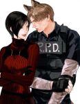  ada_wong animal_ears black_gloves black_hair blonde_hair breasts brown_hair bulletproof_vest chest_harness crossed_arms dress elbow_pads fingerless_gloves gloves half_gloves harness hayashishisou highres leon_s._kennedy medium_breasts parted_lips police police_uniform red_dress resident_evil resident_evil_2 resident_evil_2_(remake) resident_evil_4 resident_evil_4_(remake) ribbed_dress shirt_under_shirt short_hair turtleneck turtleneck_dress upper_body white_background 