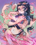 1girl arm_tattoo black_hair blue_jacket commentary crossed_arms extra_arms eyewear_on_head falling_petals high_collar highres jacket long_hair midriff navel nico_robin one_piece orange-tinted_eyewear petals pink_petals pink_sarong sarong sidelocks smile solo sparkle stiflart surrounded_by_hands tattoo tinted_eyewear wind 