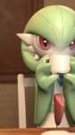 2026 3_fingers 3d_(artwork) 9:16 ambiguous_gender beverage blender_(artwork) blurred_background bot1684127 chair chest_spike container cup digital_media_(artwork) drinking fingers furniture gardevoir generation_3_pokemon glistening glistening_eyes green_body green_hair hair hankerchief hi_res holding_beverage holding_object hot_beverage humanoid looking_at_viewer mug nintendo plate pokemon pokemon_(species) pseudo_hair red_eyes sitting solo spikes spikes_(anatomy) table white_body