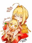  1girl ^_^ ahoge artist_name blonde_hair blush bow bowtie carrot character_doll closed_eyes commentary_request doll epaulettes fate/extra fate_(series) hair_intakes highres holding holding_doll juliet_sleeves long_sleeves nero_claudius_(fate) nero_claudius_(fate/extra) onigiri_lll orange_bow orange_bowtie puffy_sleeves simple_background solo twitter_username upper_body white_background 