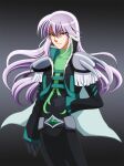  1boy belt bishounen black_gloves black_pants cape clenched_hands colonel_mirror dengeki_stryker epaulettes gloves grey_background highres looking_at_viewer nashe_taneru pants purple_hair red_eyes solo standing 