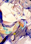  1girl blue_eyes bracelet brown_hair chinese_commentary close-up commentary_request finger_frame finger_frame_over_eye fingernails highres jewelry looking_at_viewer male_focus multi-source_commentary muyihui one_eye_covered original parted_lips portrait ring short_hair signature solo 