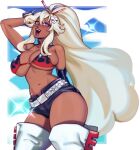  1girl arm_behind_head arm_up bare_shoulders belt bikini bikini_top_only black_bikini black_shorts blonde_hair boots breasts chai_(maplekeurig) choker cleavage cosplay cowboy_shot dark-skinned_female dark_skin glint hair_ornament heart heart_hair_ornament heart_o-ring heart_ring_choker high_ponytail highres large_breasts lipstick long_hair looking_at_viewer makeup maplekeurig micro_shorts multicolored_bikini o-ring o-ring_choker open_mouth original ponytail purple_eyes purple_lips red_bikini shorts smile solo swimsuit teeth tengen_toppa_gurren_lagann thigh_boots two-tone_bikini underboob upper_teeth_only very_long_hair white_belt white_boots white_hair yoko_littner yoko_littner_(cosplay) 