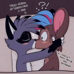 bed black_nose brown_body brown_fur duo exclamation_point fur furniture grey_body grey_fur hi_res kiss_on_lips kissing male mammal markings mouse murid murine nonbinary_(lore) procyonid question_mark raccoon respecies rodent text trevor-fox_(character) waking_up whisker_markings