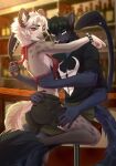 4_arms alcohol anthro arms_around_neck arms_around_partner back_tentacles bar beverage black_body bottomwear breasts clothed clothing container digital_media_(artwork) displacer_beast dungeons_and_dragons duo ear_piercing felid feline female flopflopps fur hair hasbro hi_res hug hyena kafka_dincht looking_at_viewer male male/female mammal multi_arm multi_limb multifur mythology pantherine piercing scarlett_(flopishh) sitting sitting_on_another tail tentacles topwear white_body white_fur wizards_of_the_coast