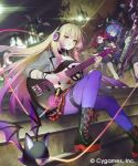  3girls adahime_(shadowverse:_worlds_beyond) ankle_boots black_eyes black_skirt blonde_hair blue_eyes blue_hair boots breasts commentary_request copyright_name crop_top drumsticks grey_jacket grey_skirt grin guitar headphones highres holding holding_drumsticks holding_guitar holding_instrument holding_plectrum instrument jacket jewelry keytar lace-up_boots long_hair looking_at_another looking_at_viewer lulumi_(shadowverse:_worlds_beyond) medium_breasts mikebosi miniskirt multiple_girls official_art open_clothes open_jacket outdoors pantyhose parted_lips playing_instrument pleated_skirt plectrum pointy_ears purple_pantyhose raz_(shadowverse:_worlds_beyond) red_hair red_pupils red_skirt round_eyewear shadowverse shadowverse:_worlds_beyond short_hair sitting skirt smile stairs standing swept_bangs thighlet 