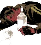  1boy alcohol arm_pillow black_gloves black_hair black_jacket bottle colored_skin cup drunk fingerless_gloves flustered gloves head_down highres jacket leon_s._kennedy looking_at_viewer male_focus nanjiyu open_mouth red_skin resident_evil resident_evil:_vendetta short_hair solo spill striped_clothes striped_jacket upper_body 