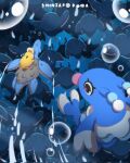  air_bubble antennae beak bird black_eyes blue_skin brionne bubble colored_skin commentary duck english_commentary fins highres horns lapras looking_down manta_ray mantine no_humans pink_nose pink_pupils pokemon pokemon_(creature) psyduck riding riding_pokemon sea_lion shell shintarokuma single_horn swimming underwater water water_type_theme_(pokemon) webbed_feet 
