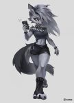 anklet anthro belt bottomwear bracelet canid canid_demon canine canis cellphone clothing collar crop_top demon electronics female hellaverse hellhound helluva_boss hi_res jewelry legband loona_(helluva_boss) mammal mythological_canine mythological_creature mythology paws phone shirt shorts smartphone smile solo spiked_anklet spiked_bracelet spiked_collar spiked_legband spikes topwear walking wolf xanakin