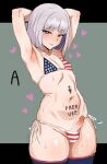  1boy american_flag american_flag_bikini american_flag_print armpits arms_up bikini body_writing fate/grand_order fate/strange_fake fate_(series) flag_print flag_print_bikini francois_prelati_(fate) heart highres letter navel penis print_bikini short_hair small_penis solo swimsuit thighhighs trap white_hair zanegoodell 