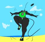anthro beach black_body black_fur black_hair clothing dullahan european_mythology female footwear fur green_clothing hair headless high_heels irish_mythology jumping landing mammal murid murine mythology rat rodent shoes solo swimwear wizrat