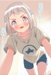  1girl absurdres all_fours blue_eyes blue_shorts blush breasts collarbone commentary_request gakuen_idolmaster highres idolmaster indoors katsuragi_lilja looking_at_viewer medium_breasts open_mouth shinonome_sakura shirt short_hair short_sleeves shorts solo star_(symbol) star_print v-shaped_eyebrows white_hair white_shirt 