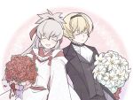  2boys alternate_costume blonde_hair bouquet closed_eyes commentary_request fire_emblem fire_emblem_fates grey_hair groom hair_ribbon high_ponytail highres holding holding_bouquet leo_(fire_emblem_fates) male_focus multiple_boys nknaxs open_mouth ponytail red_ribbon ribbon takumi_(fire_emblem) upper_body yaoi 