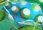  absurdres black_eyes bright_pupils colored_sclera commentary_request day highres lily_pad looking_up no_humans omega_takai outdoors pokemon pokemon_(creature) pokemon_focus red_sclera seismitoad solo water white_pupils 