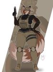 2026 absurd_res ailurid anthro artist_logo belt big_breasts black_clothing black_lips black_nose blue_eyes boots breasts bulletproof_vest clothed clothed_female clothing colored combat_boots dated digital_drawing_(artwork) digital_media_(artwork) elbow_pads electronics english_text eyepiece eyewear female fluffy fluffy_tail footwear glasses gloves gun hand_on_hip handgun handwear hat headgear headphones headset headwear hi_res holding_gun holding_handgun holding_object holding_pistol holding_ranged_weapon holding_weapon huge_breasts inner_ear_fluff knee_pads lips logo looking_at_viewer mammal markings microphone military military_cap military_uniform neck_tuft pistol pouch_(clothing) pouches procyonid ranged_weapon red_panda scouter shoes sleeveless_shirt solo standing striped_markings striped_tail stripes sweater tactical_gear tail tail_markings tan_clothing text thick_thighs thigh_pouch topwear tuft turtleneck uniform vest weapon white_sclera wolfarion