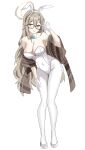  1girl absurdres akane_(blue_archive) akane_(bunny)_(blue_archive) animal_ears aqua_bow aqua_bowtie bare_shoulders blue_archive bow bowtie breasts brown_eyes brown_hair brown_halo brown_shawl commentary_request fake_animal_ears glasses halo highres large_breasts leotard long_hair looking_at_viewer mili_mli official_alternate_costume pantyhose playboy_bunny rabbit_ears shawl simple_background solo very_long_hair white_background white_leotard white_pantyhose 