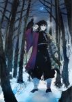  1boy belt bird black_hair black_jacket black_pants black_socks buttons commentary_request crescent_moon crow demon_slayer_uniform forest full_body gold_buttons hair_between_eyes hair_ornament hand_up haori high_collar highres jacket japanese_clothes kanzashi kikkoumon kimetsu_no_yaiba kuidaorearaku long_hair low_ponytail male_focus moon nature night outdoors pants ponytail print_haori red_haori snow socks solo spiked_hair tomioka_giyuu white_belt 
