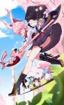  1girl absurdres ass asymmetrical_gloves bag black_gloves blue_skirt blue_sky boots bread bread_slice breasts commentary_request evanescia_(honkai:_star_rail) food food_in_mouth gloves gokusaishiki_(1376145360) high_heel_boots high_heels highres holding holding_stick honkai:_star_rail honkai_(series) measuring_stick medium_breasts mismatched_gloves mouth_hold origami_bird_(honkai:_star_rail) school_bag shirt skirt sky stick toast toast_in_mouth variant_set white_gloves white_shirt 