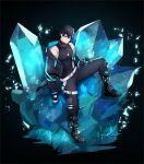  1boy abs black_boots black_hair black_jacket black_pants black_shirt blue_eyes blue_hoodie boots chain commission cryokinesis dark_background dog_tags fingerless_gloves full_body gloves gold_chain grin haruto81818 highres hood hoodie ice ice_crystal indie_virtual_youtuber jacket jae_(vtuber) jewelry knee_up large_pectorals magic male_focus manly muscular muscular_male necklace nipples open_clothes open_jacket pants pectoral_cleavage pectorals shirt short_hair sitting sitting_on_object sleeveless sleeveless_shirt smile solo virtual_youtuber 