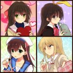  4boys :d angel_beats! averting_eyes bad_food beret blonde_hair blue_sailor_collar blue_shirt blush bow bowtie box braid brown_eyes brown_hair censored character_request clannad closed_mouth collared_shirt commentary_request company_connection copyright_request eyes_visible_through_hair fidgeting frown gift green_eyes grey_eyes hair_between_eyes hair_bow hair_intakes hair_ornament hair_ribbon hairclip half_updo hand_up hat hat_ribbon heart heart-shaped_box heart_background highres hikarizaka_private_high_school_uniform holding holding_gift index_finger_raised jacket key_(company) little_busters! little_busters!_school_uniform long_hair long_sleeves looking_at_viewer looking_to_the_side male_focus mosaic_censoring multiple_boys naoe_riki o.z._(okome1026okome) ooyama_(angel_beats!) open_mouth parallel_hairclips parted_lips pink_background pink_bow pink_bowtie pink_ribbon playing_with_own_hair purple_background red_bow ribbon sailor_collar sailor_shirt school_uniform serafuku shima_katsuki shinda_sekai_sensen_uniform shirt shy simple_background single_braid smile sparkle star_(symbol) star_symbol_background trait_connection turtleneck turtleneck_shirt upper_body upturned_eyes valentine white_hat white_sailor_collar white_shirt wig yellow_jacket yellow_ribbon 