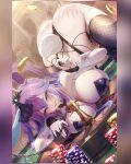  1girl animal_ears ass ass_focus black_leotard blue_eyes blue_hair breasts chain chain_leash cleavage collar commentary cottontail_(vtuber) english_commentary fishnet_thighhighs fishnets gainoob gradient_hair hair_between_eyes heart-shaped_lock heterochromia highres huge_ass huge_breasts indie_virtual_youtuber large_breasts leash leotard long_hair looking_at_viewer multicolored_hair open_mouth playboy_bunny poker_chip purple_eyes purple_hair purple_nails rabbit_ears rabbit_girl rabbit_tail roulette_table slap_mark smile solo spiked_collar spikes table tail thighhighs thighs top-down_bottom-up twintails virtual_youtuber wrist_cuffs 